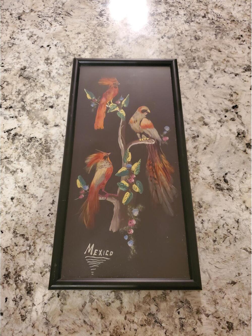 Handmade Mexican Feather Bird Wall Art in Black Frame